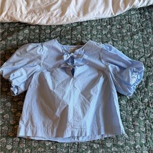 Puff-Sleeve Pinstripe Bow-Front Blouse - Light Blue
